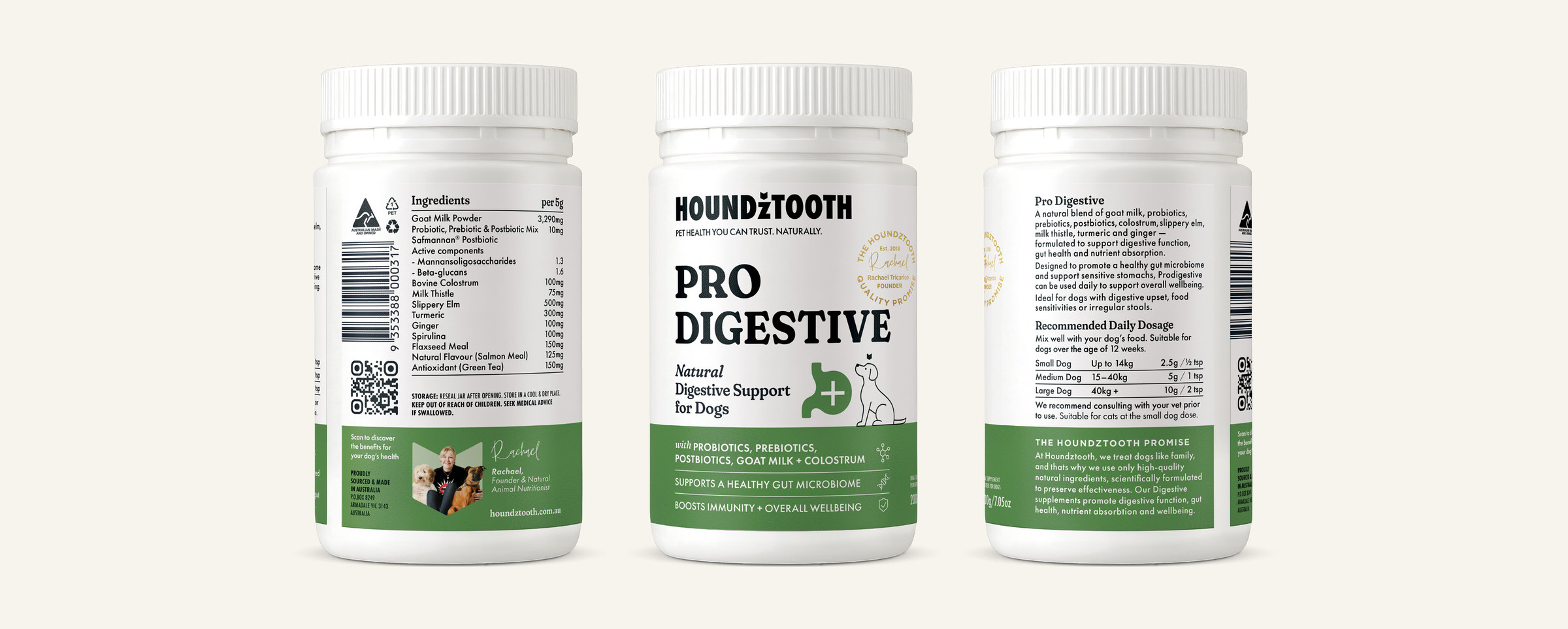 Houndztooth Pro Digestive tub shown from three sides: ingredients, front and dosage panels