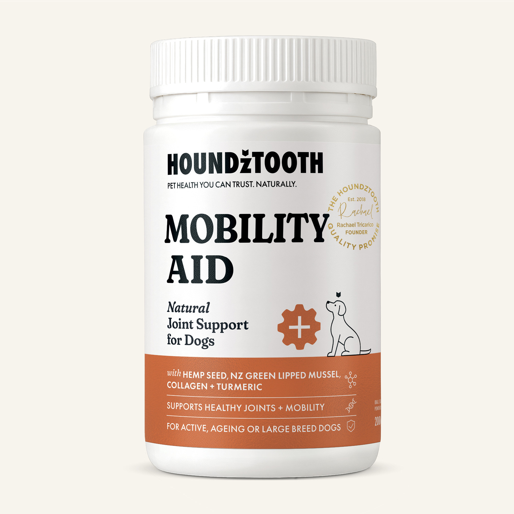 Houndztooth Mobility Aid tub after the redesign: need state set big, orange joint icon, founder's Quality Promise seal