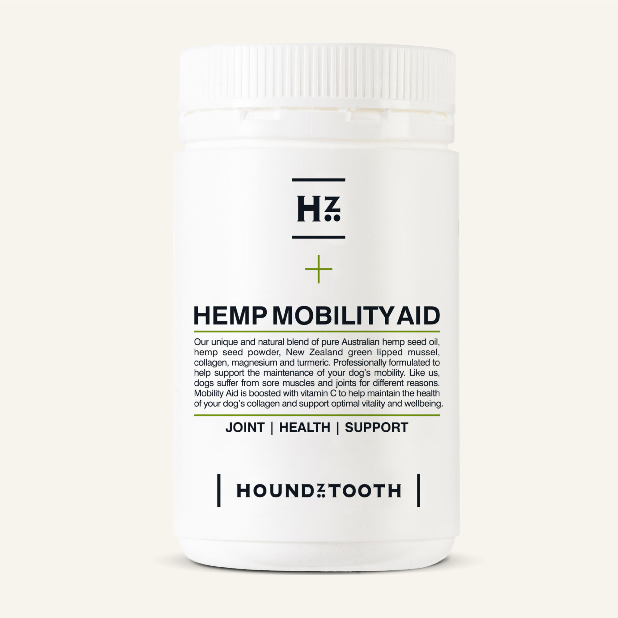 Houndztooth Hemp Mobility Aid tub before the redesign: white pack, small Hz monogram, product copy on the front
