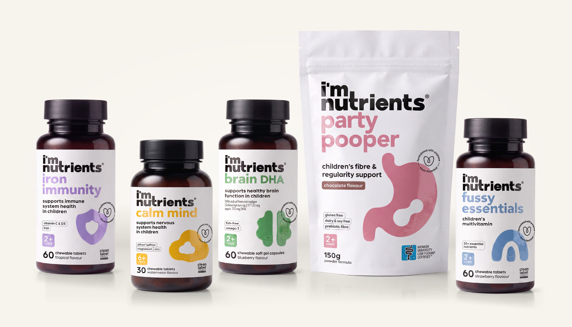 I'm Nutrients redesigned range: Iron Immunity, Calm Mind, Brain DHA, Party Pooper and Fussy Essentials