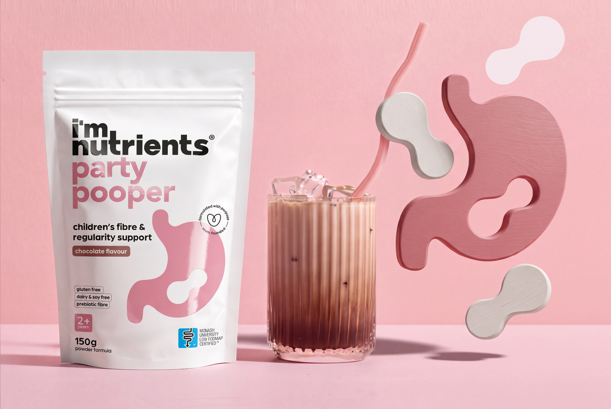 I'm Nutrients Party Pooper fibre and regularity powder pouch with a chocolate drink