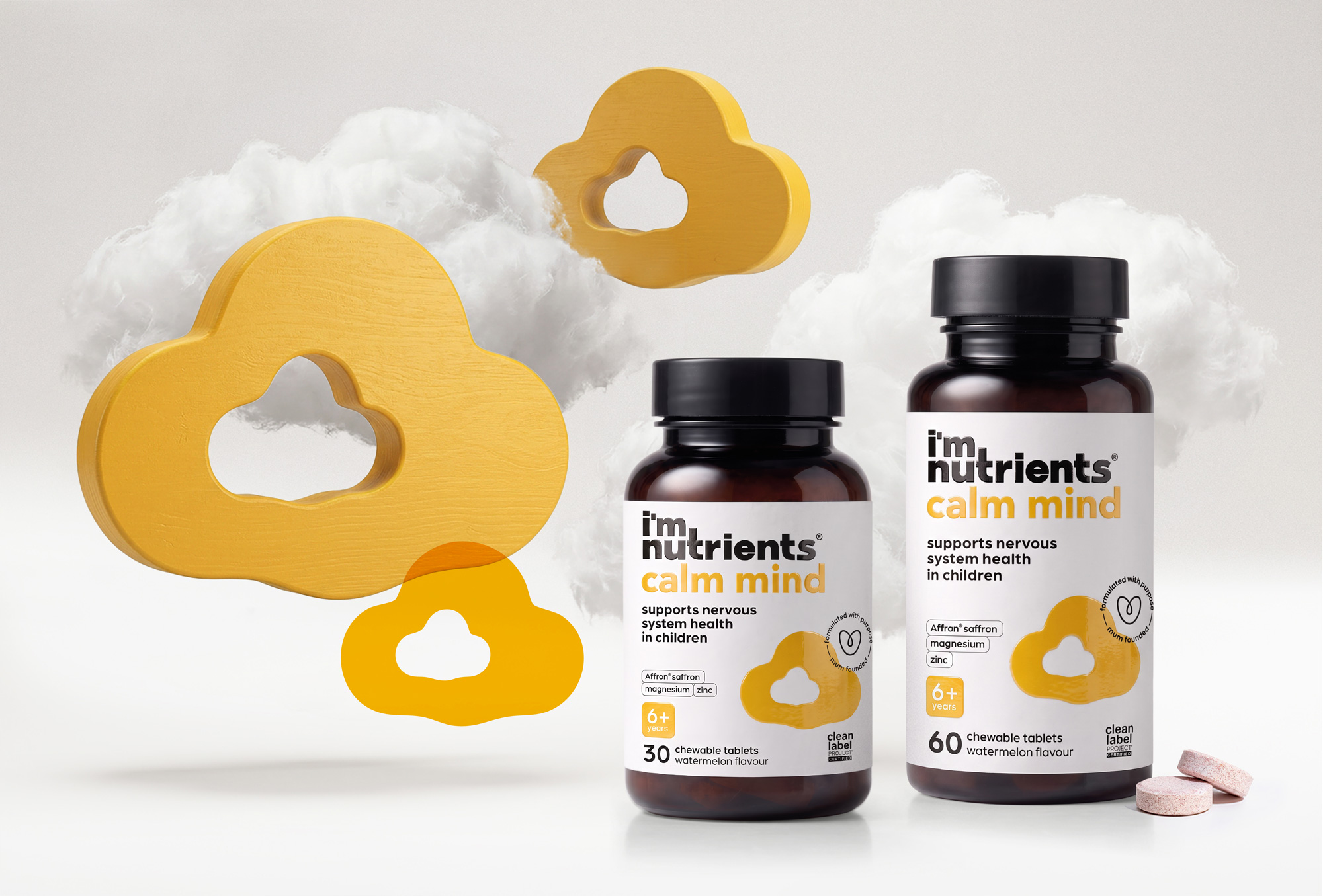 I'm Nutrients Calm Mind bottles with yellow cloud forms