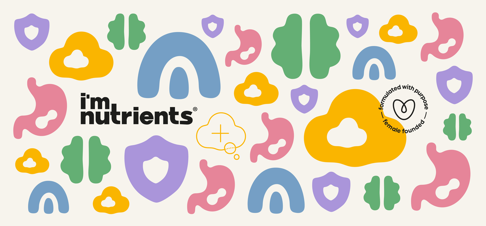 I'm Nutrients brand pattern built from the five need-state icons: immune shield, essential rainbow, calm cloud, brain and gut tummy