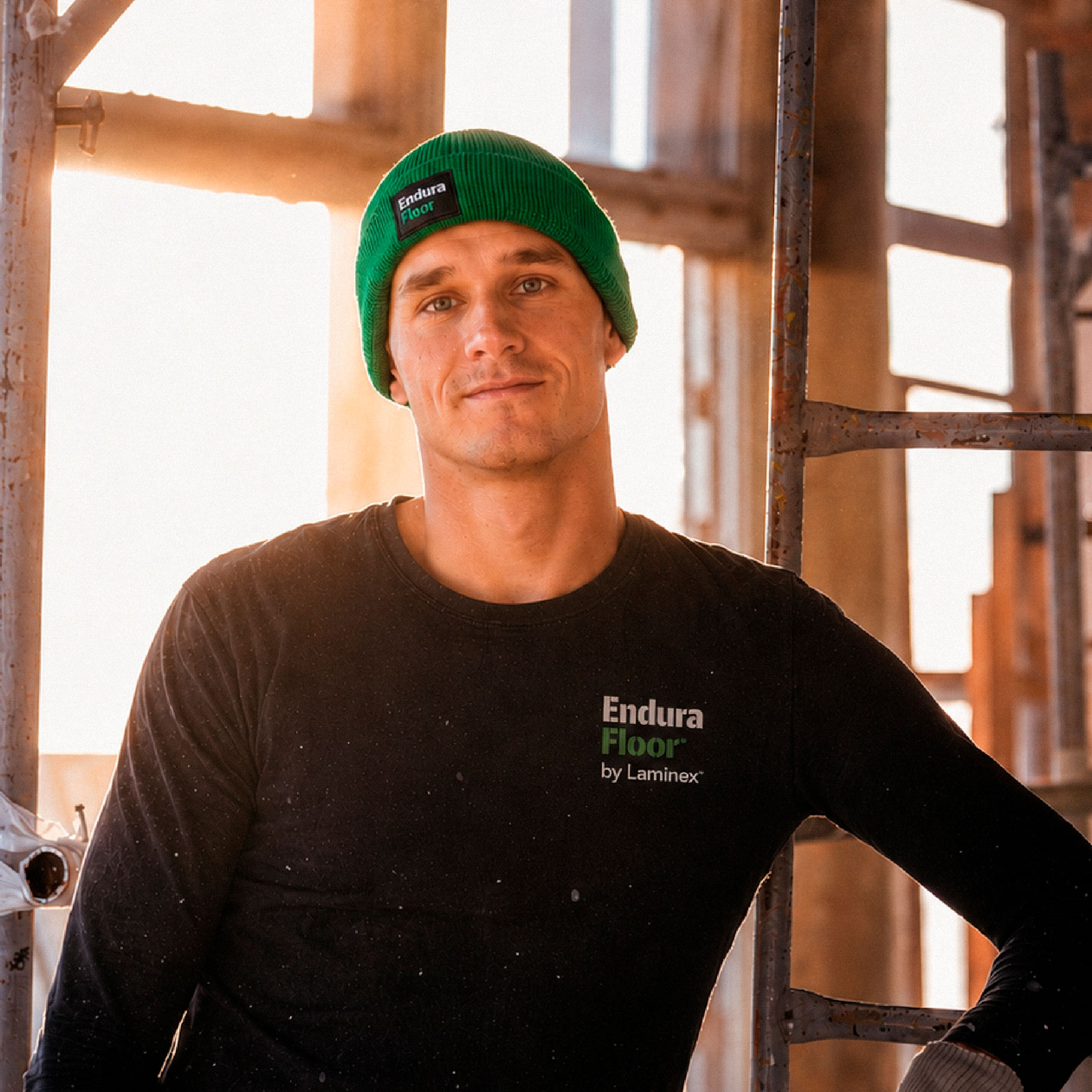 EnduraFloor tradie wearing branded merchandise on site