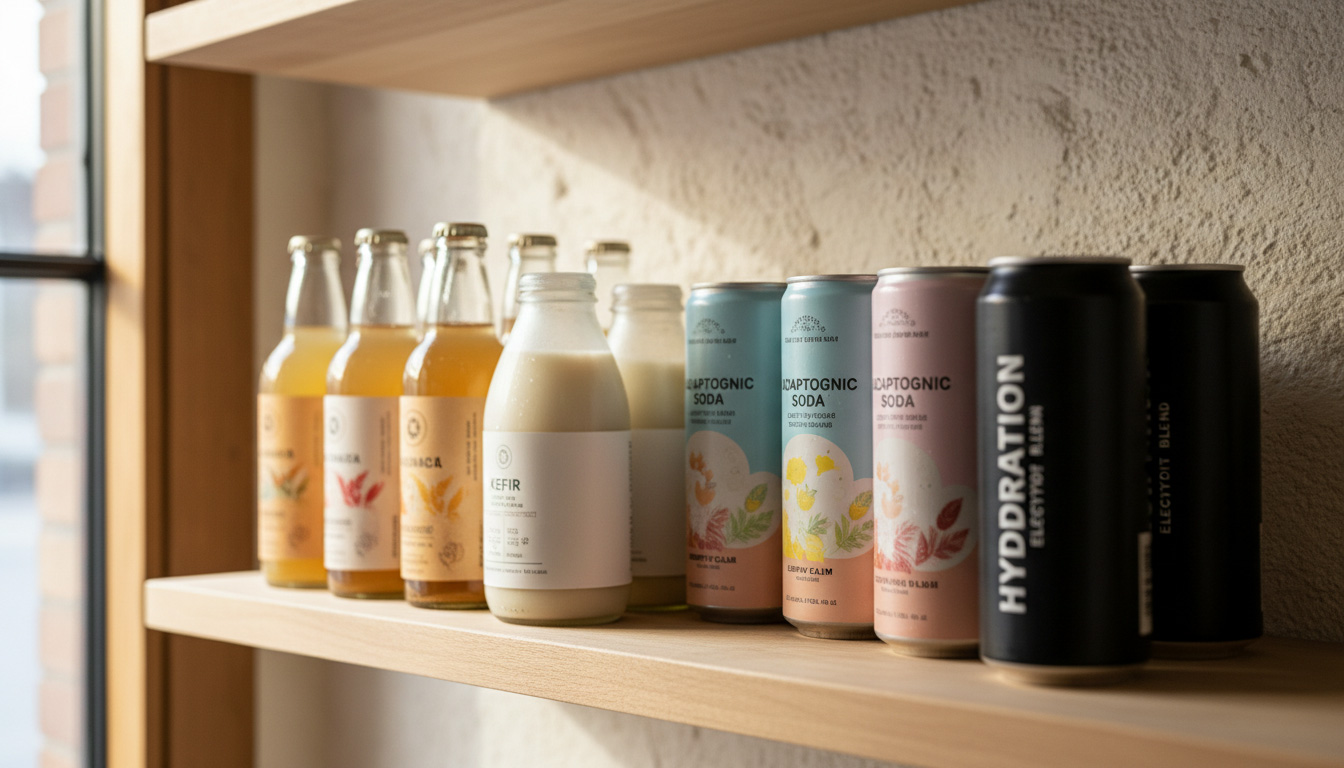 Editorial shelf of premium functional beverages — kombucha, kefir, adaptogenic soda and hydration cans — the fastest-growing FMCG category in Australia