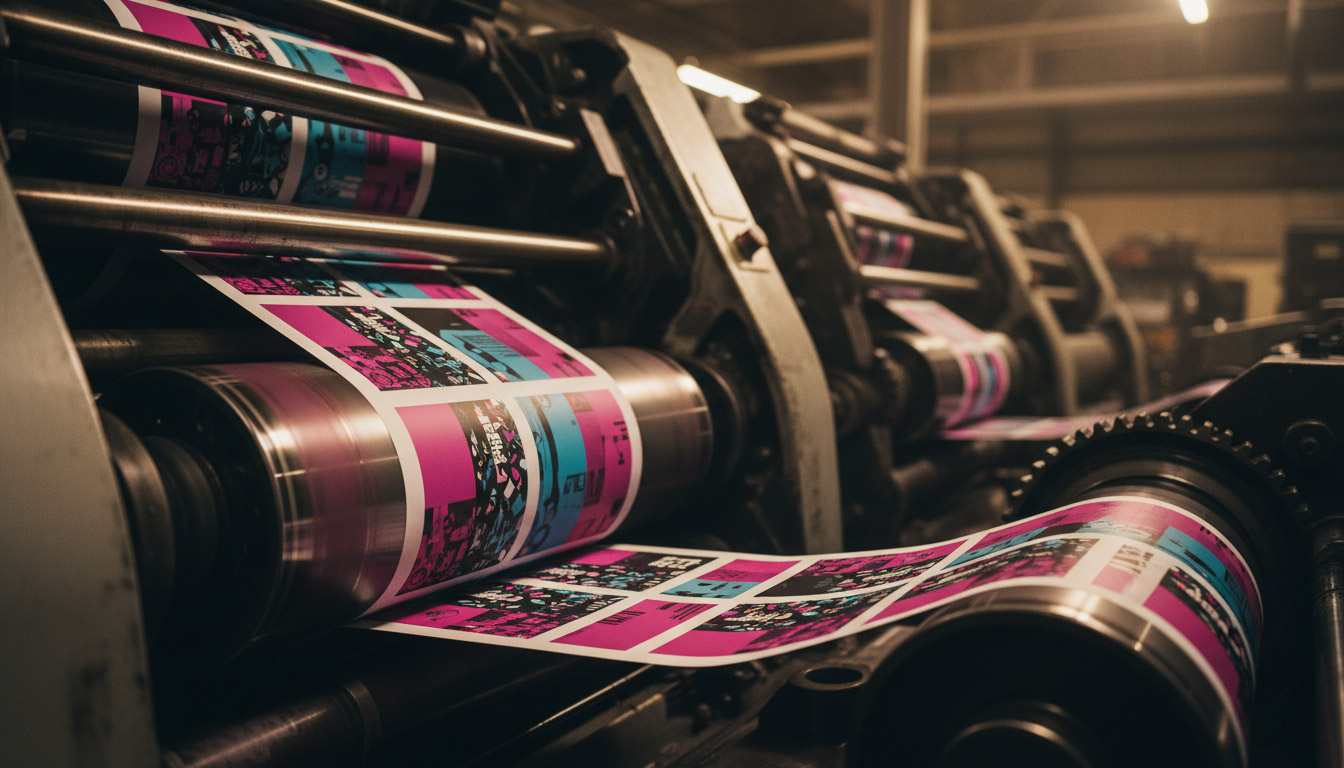 Offset printing press producing packaging labels, CMYK colour bars visible on the passing sheet — the print discipline the article unpacks