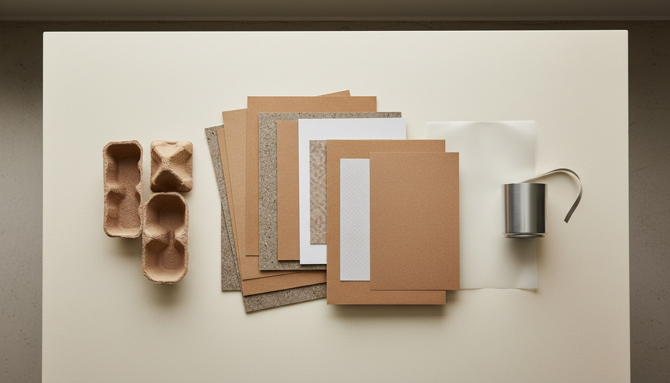 Packaging substrate library — moulded pulp, kraft paper, recycled cardboard, mono-material laminate — the material honesty recyclability economics now demand