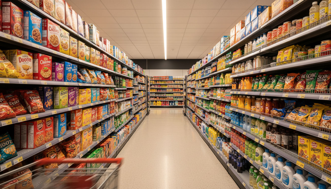 Wide Australian supermarket aisle — the retail environment every FMCG brand is ultimately designed for