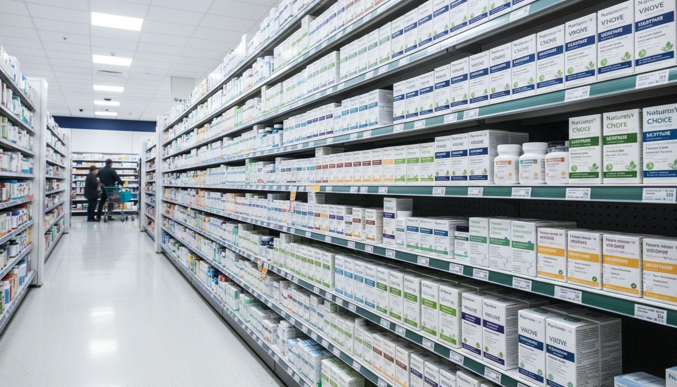 Pharmacy vitamins and supplements aisle — the sea of near-identical white and pastel packaging the article unpacks