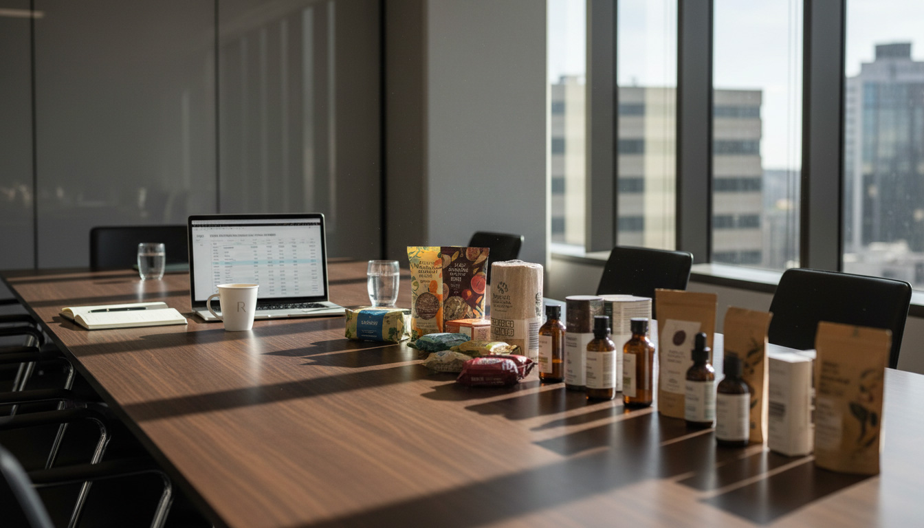 Category buyer meeting at a retailer head office — product samples arranged for a shelf-listing pitch