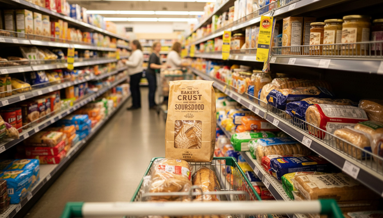 Shopper's-eye view of an Australian supermarket bread aisle — the shelf moment where the listing decision plays out