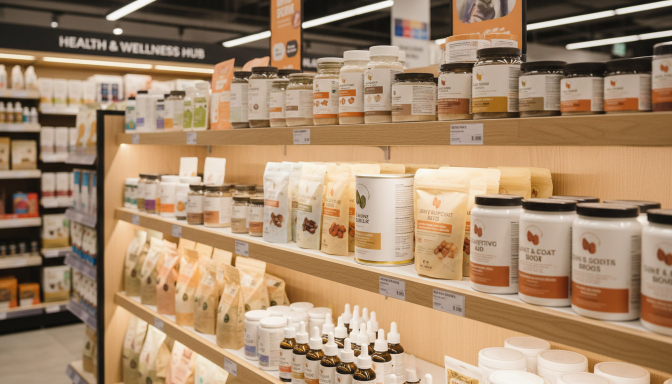 Premium pet wellness fixture — supplements, functional treats and joint-support products, the category shaping the next decade of pet brands