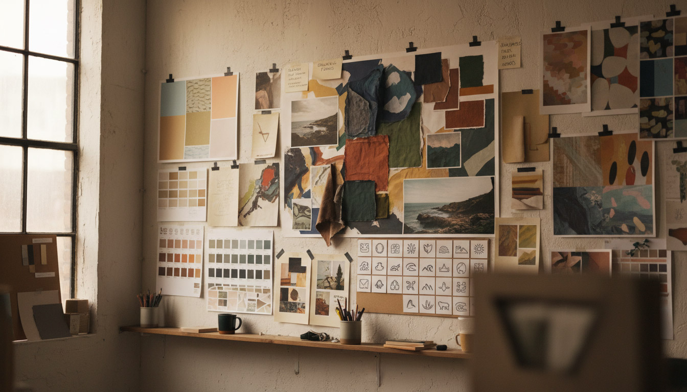 Designer's studio wall covered in pinned moodboards, colour palettes and creative territories — where a sharp brief becomes sharp thinking