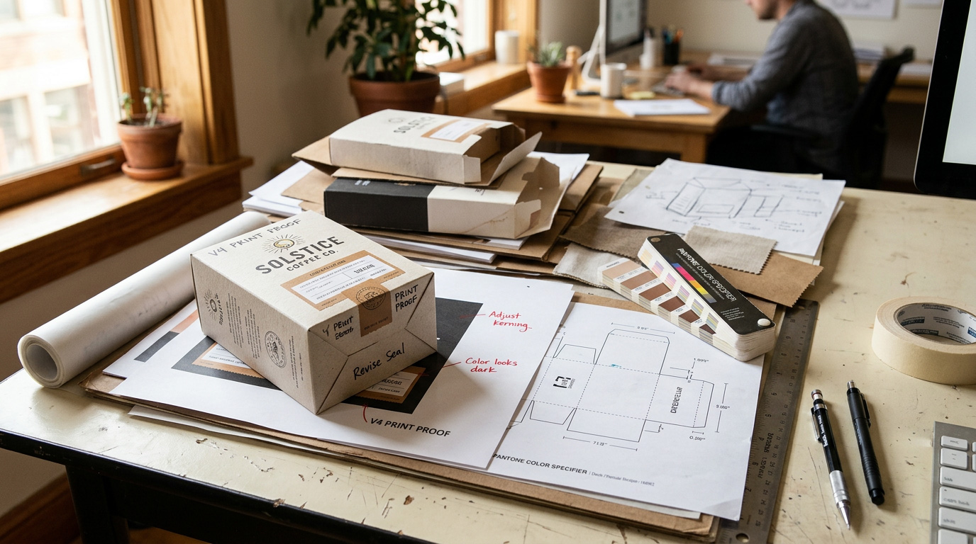 Designer's desk mid-project — packaging mockups, print proof annotations, colour swatches and dielines. The craft, iteration and expertise that packaging design fees actually pay for.