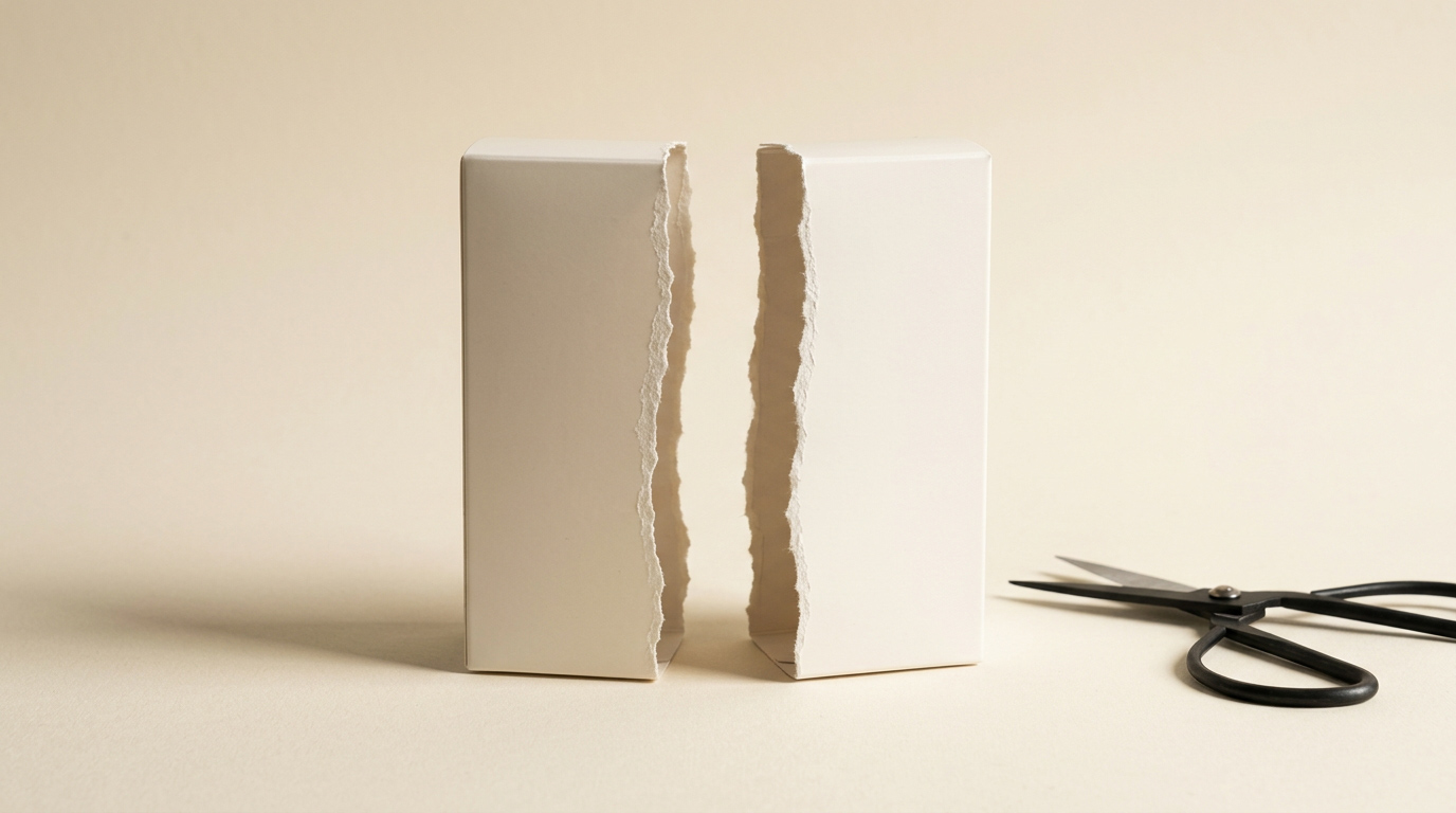 A pristine white product carton torn cleanly in half on a warm cream backdrop, black scissors resting beside it. The visual cost of every expensive packaging decision that could have been avoided.