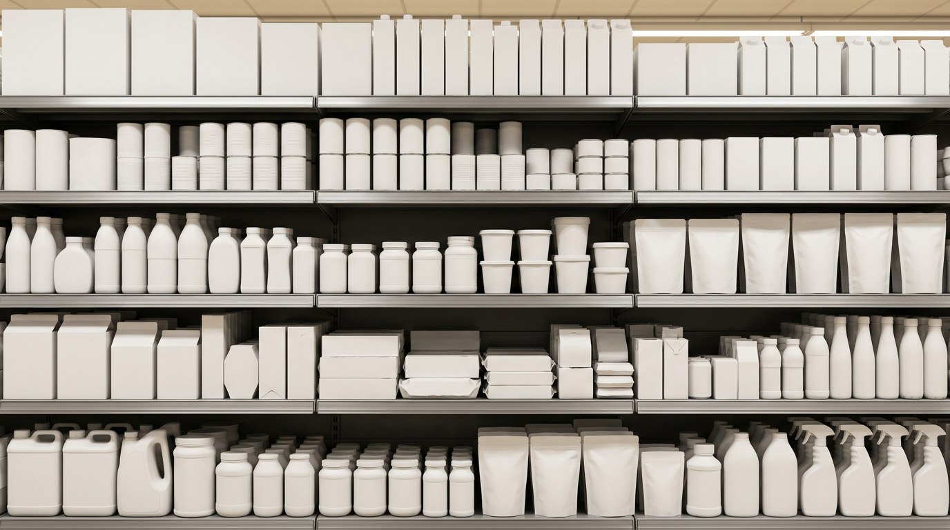 Five supermarket shelves stacked wall-to-wall with unbranded plain white product packaging. Every category, every form, no logos, no labels. Stripped of branding, private label and national brand are indistinguishable. The commercial architecture behind them is what actually differs.