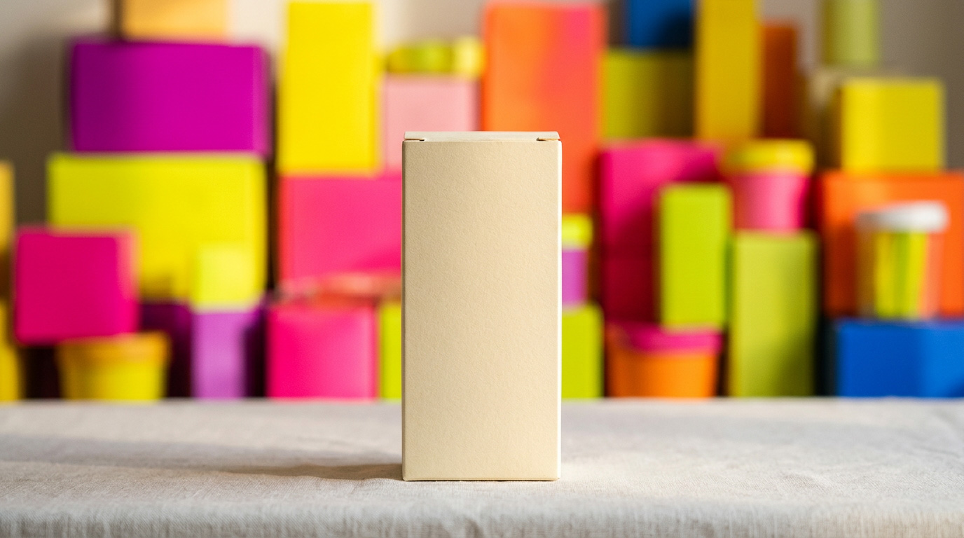 A single soft cream carton stands quietly in sharp focus while a riot of hyper-saturated neon packaging blurs behind it. When the whole shelf goes loud, the restrained pack is the one that stops the shopper.