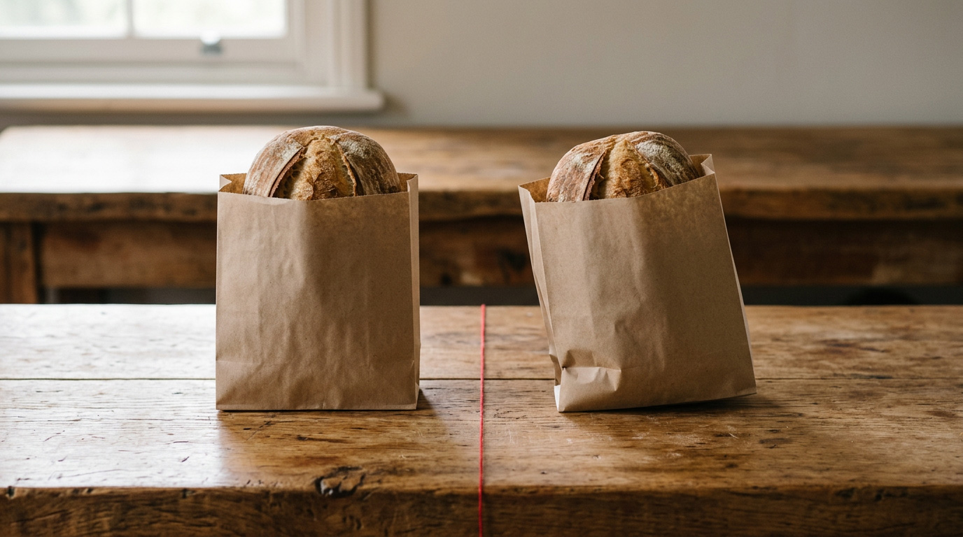 Two identical sourdough loaves in kraft paper bags on raw timber, one upright, one leaning, a fine red thread dividing them. Same product, same pack, subtly different behaviour. The everyday tension between the two retailers.