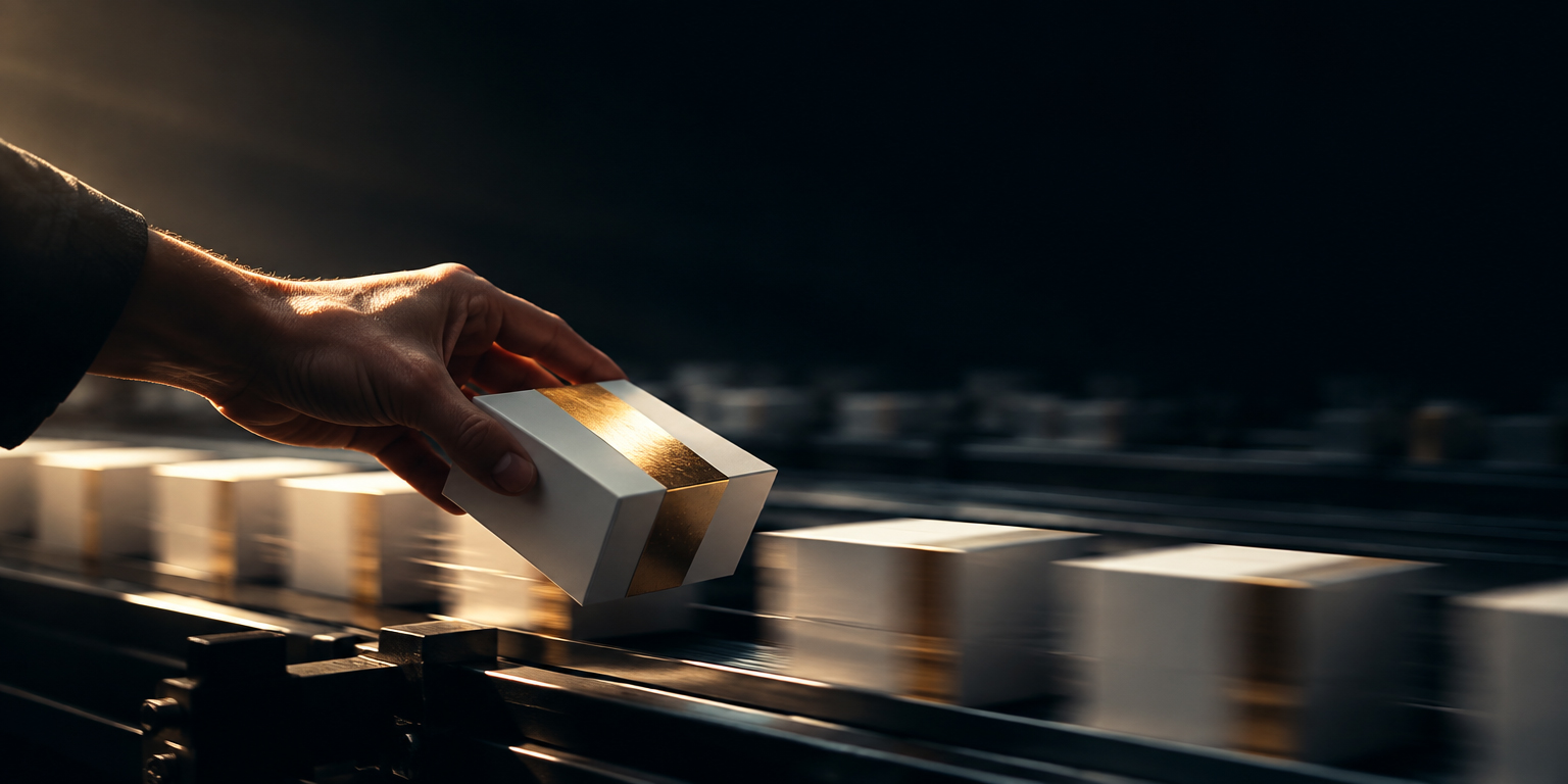 A hand lifts one box off a moving line of identical packaging to finish it by hand, breaking the rhythm of sameness