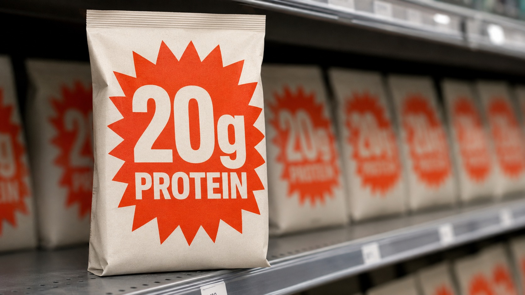 An unbranded kraft pouch on a supermarket shelf, its oversized 20g protein badge dominating the pack face, with identical packs carrying the same badge receding behind it